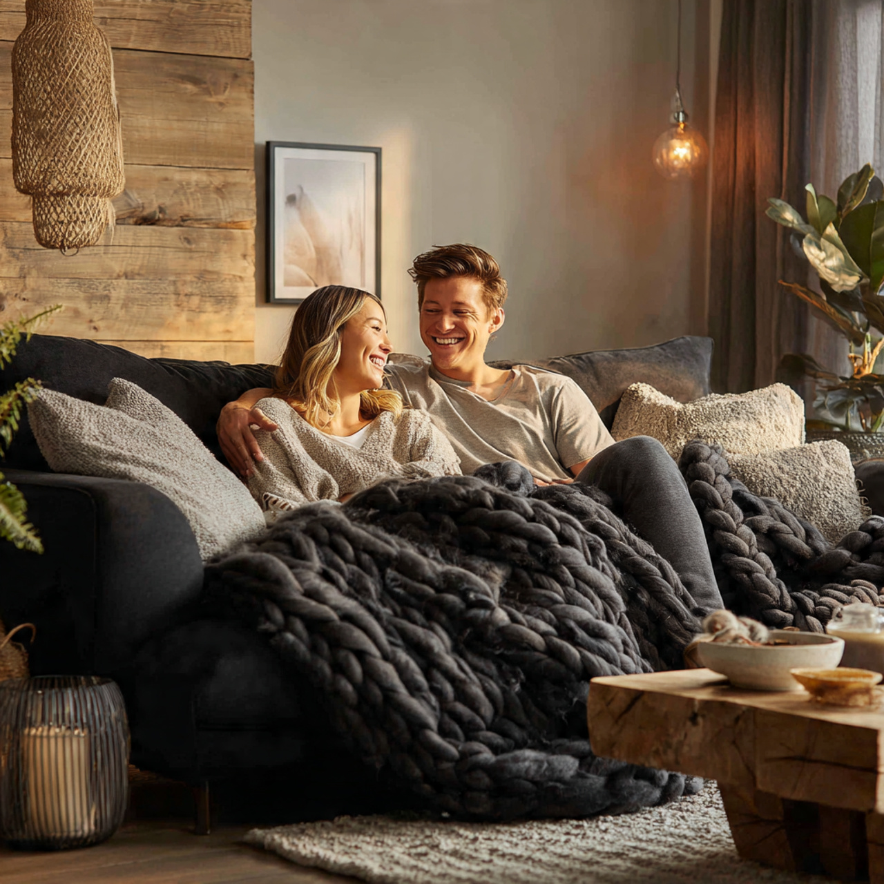 cozy black couch in a warm living