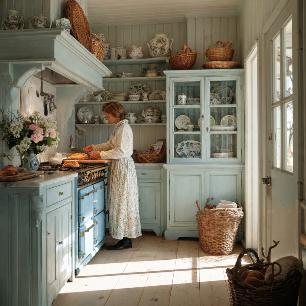 cozy cottage style kitchen with light blue cabinets 1
