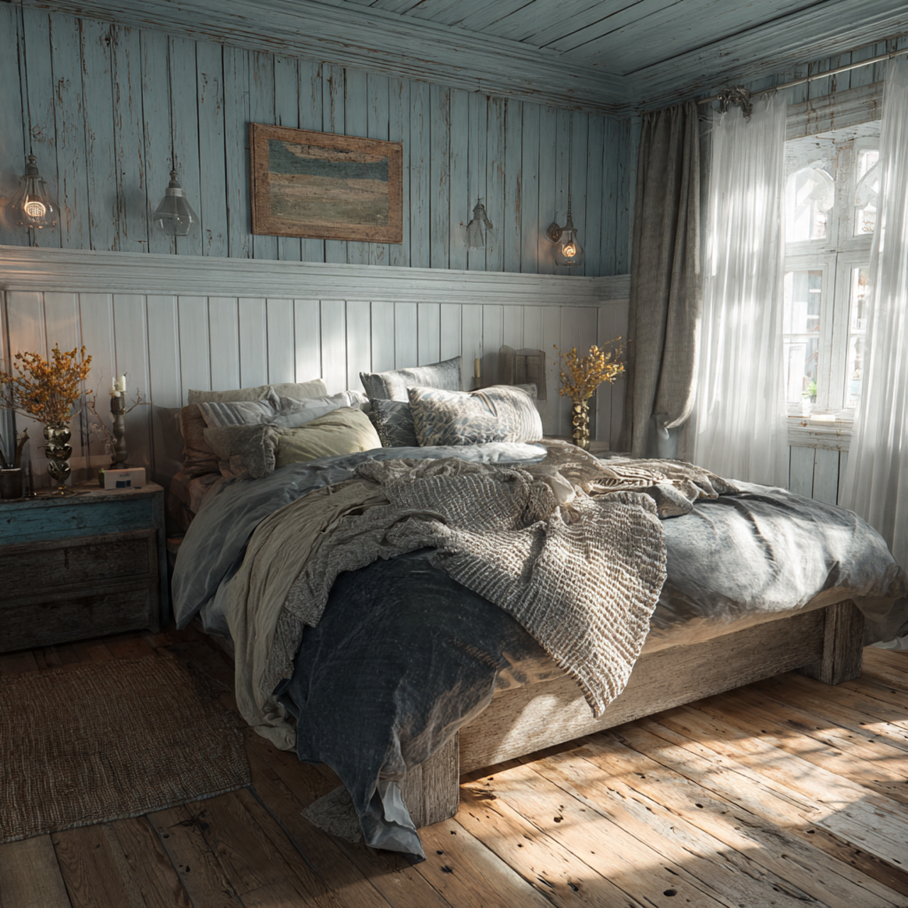 cozy farmhouse bedroom with distressed beadboard wainscoting