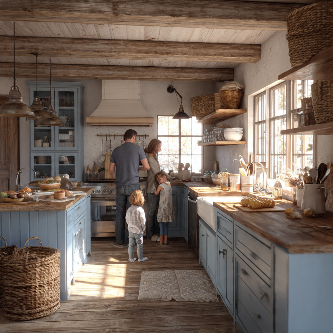 cozy farmhouse kitchen with soft farmhouse blue 1