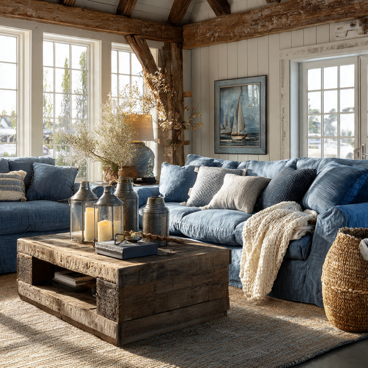 cozy farmhouse living room with blue living