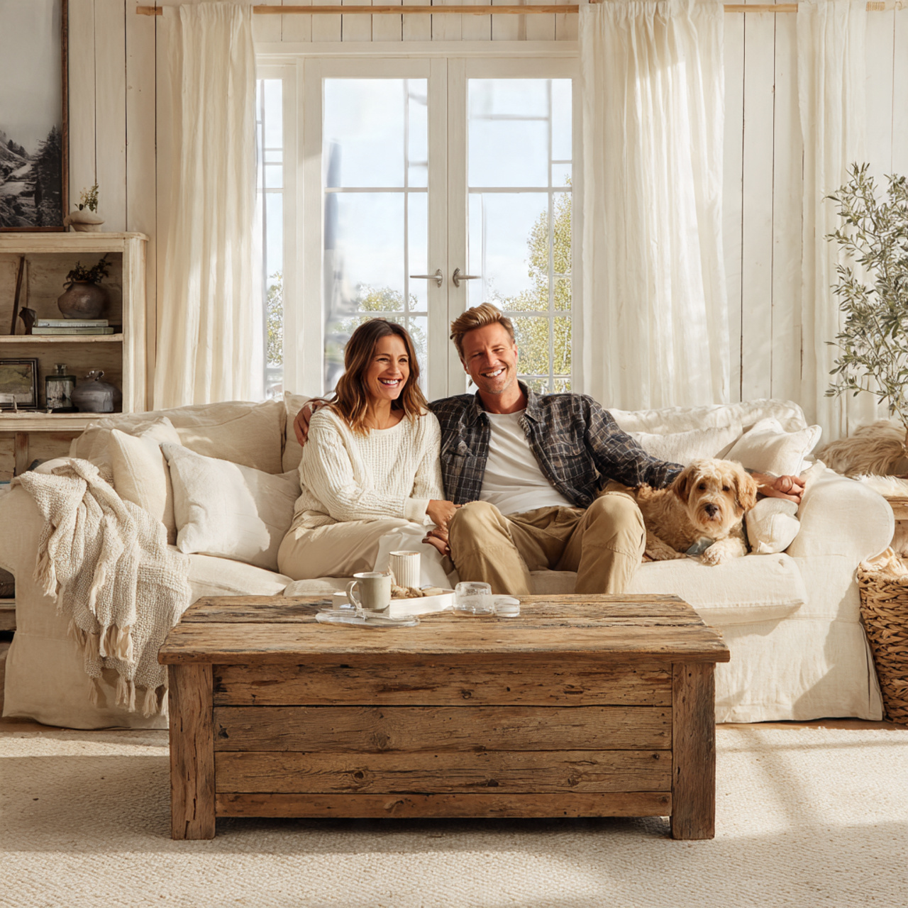cozy farmhouse white living room with warm