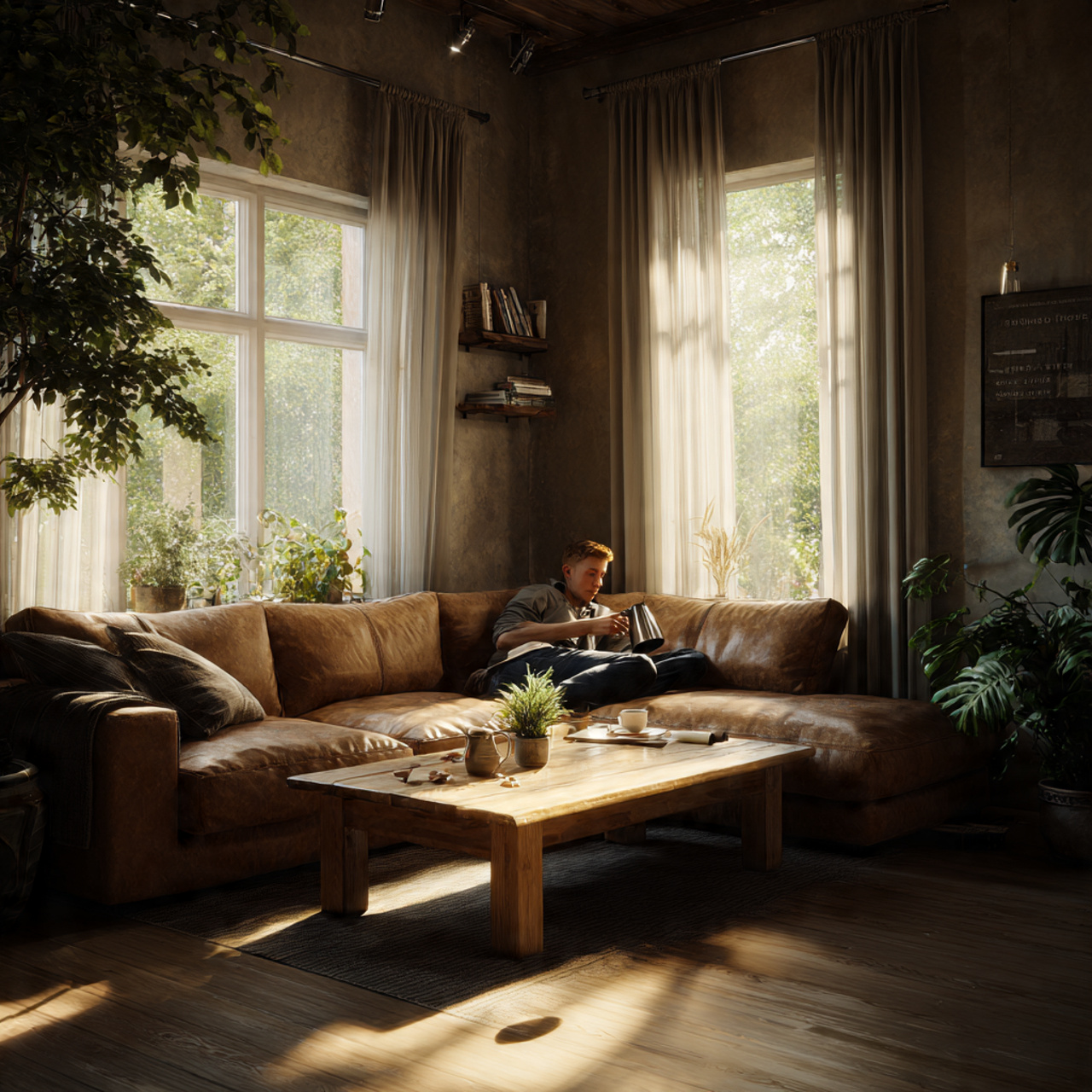 cozy living room with a brown couch