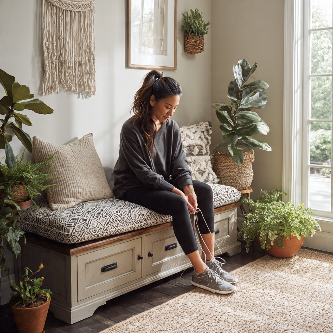cozy mudroom with a central wooden bench