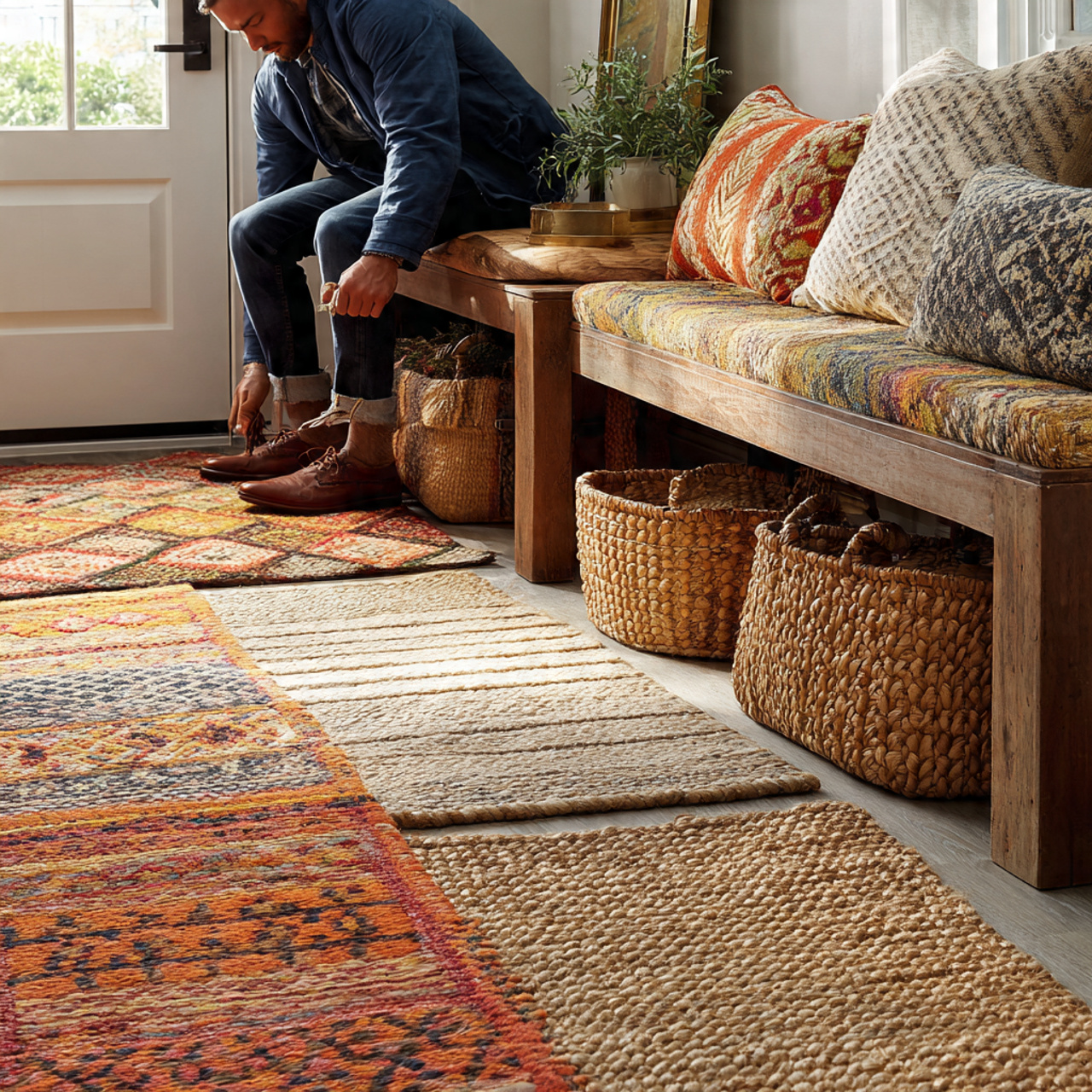 cozy mudroom with layered rugs featuring vibrant 1