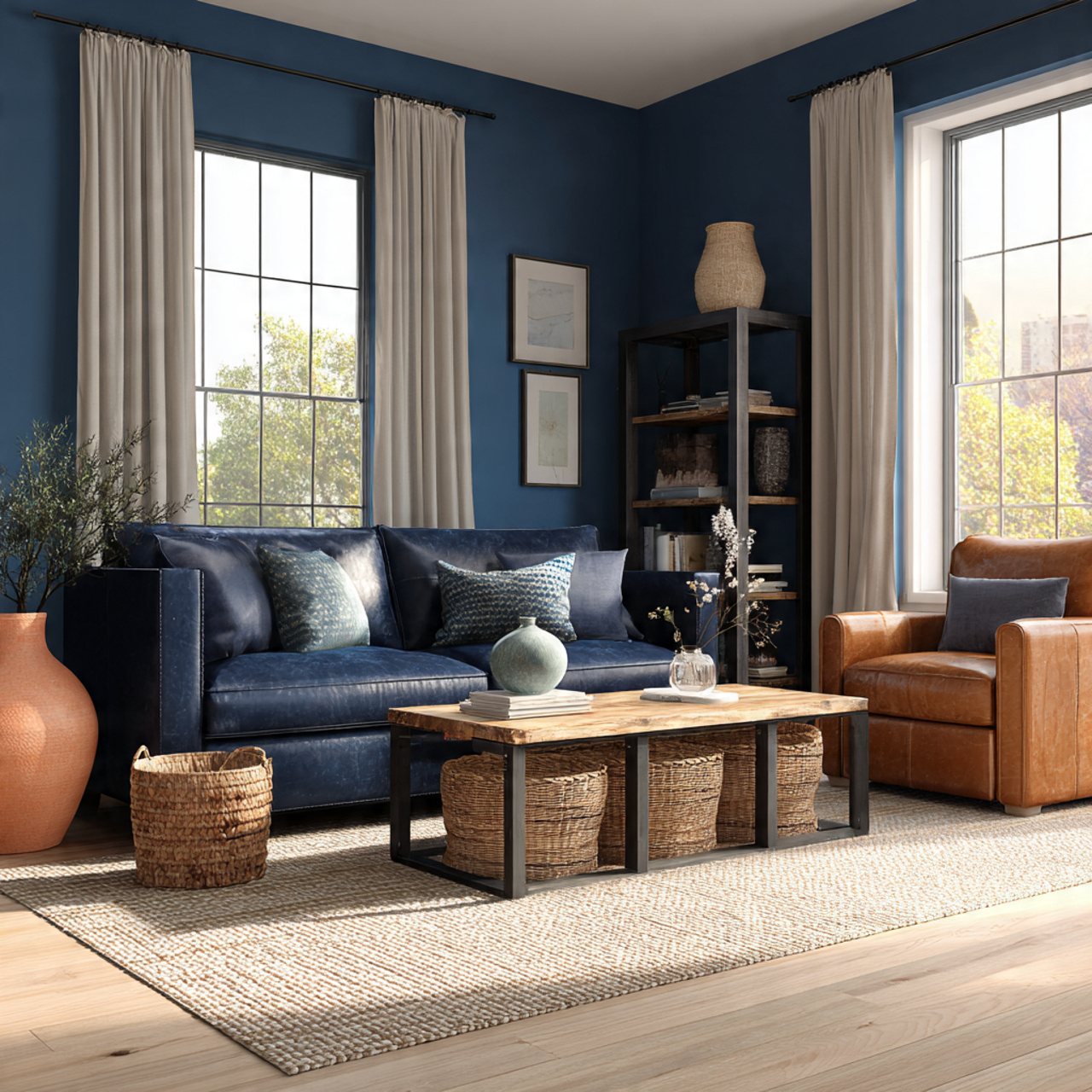 earthy sophisticated living room with blue living