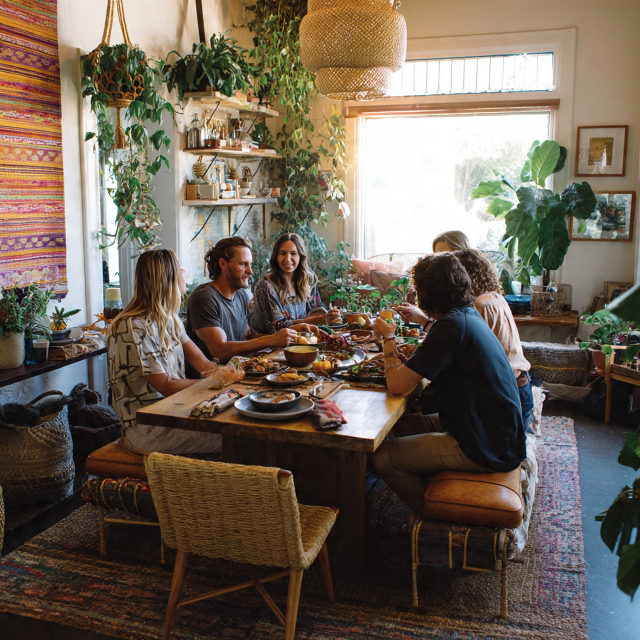 eclectic dining room with a wooden table