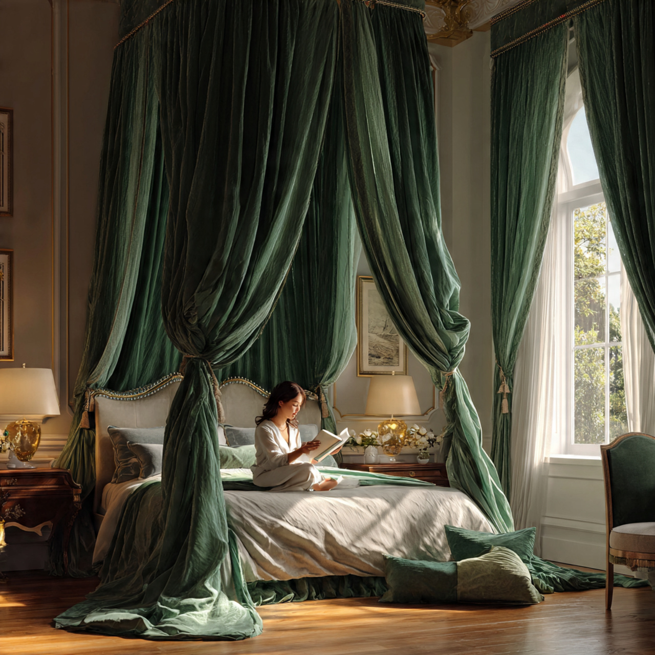 elegant bedroom with a canopy bed draped