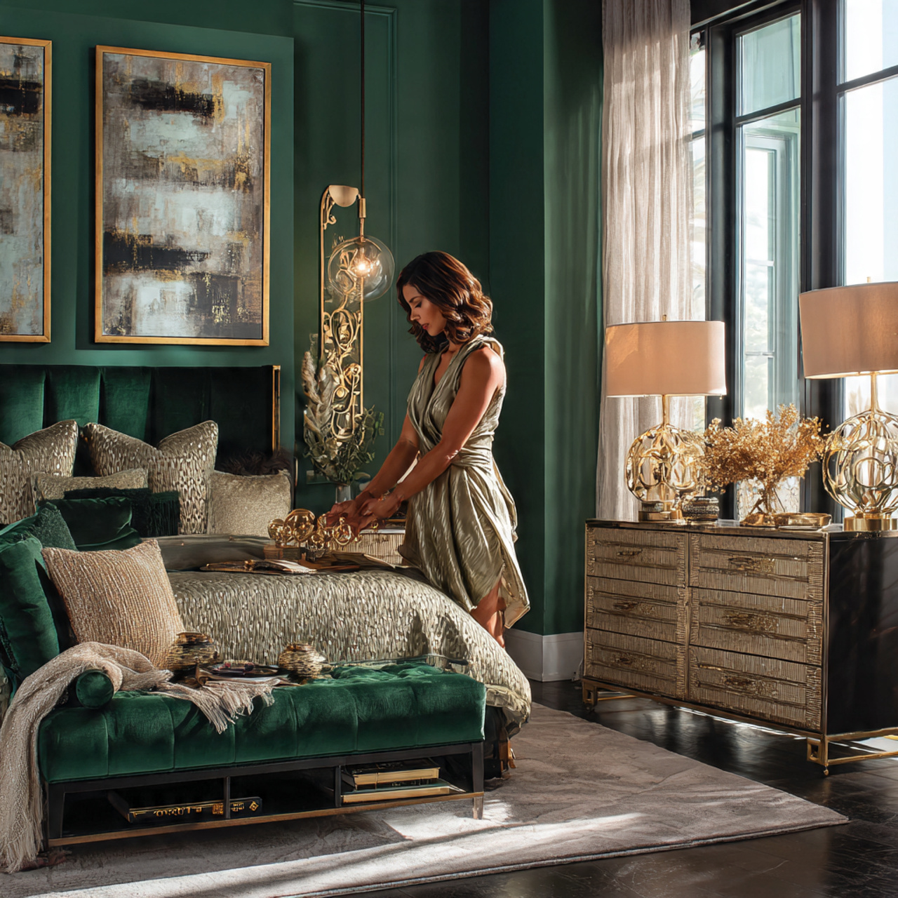 elegant bedroom with emerald green walls and