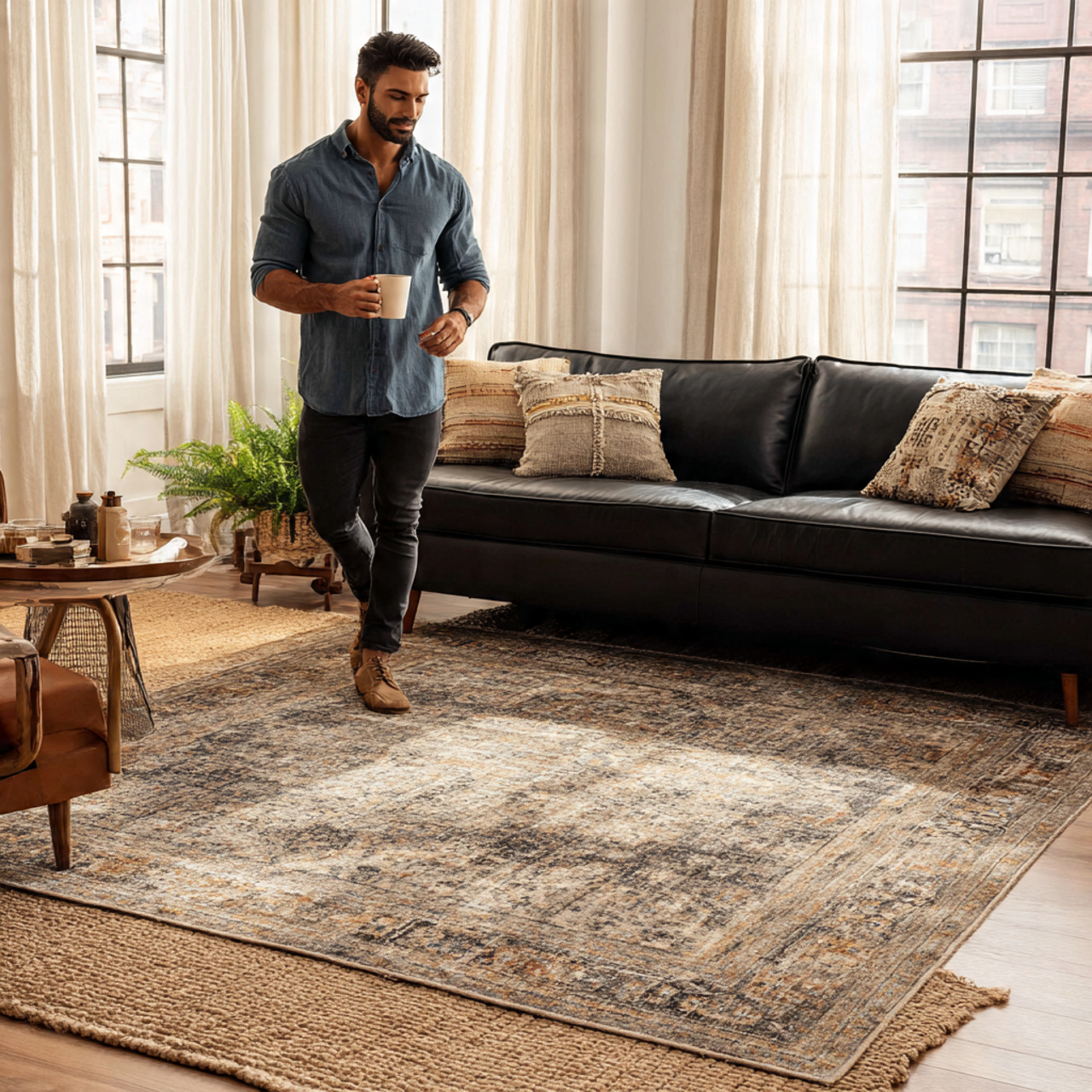elegant black couch over a layered rug