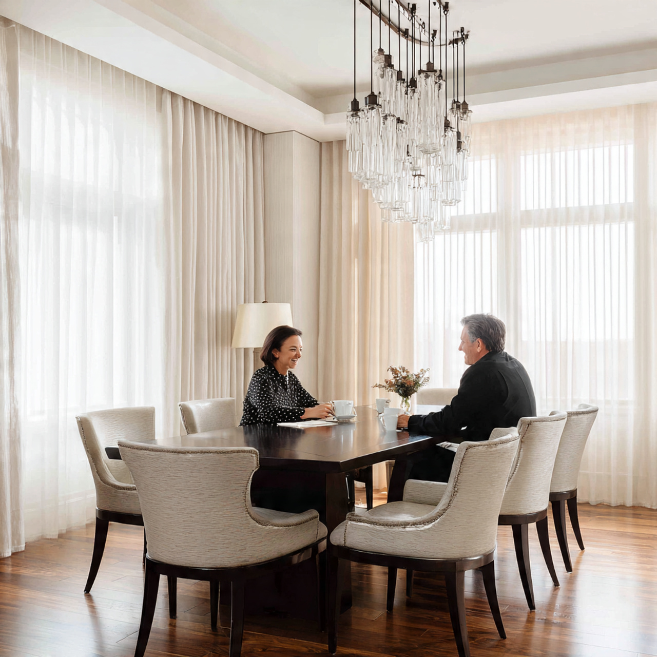 elegant dining room with a dark espresso stained 1