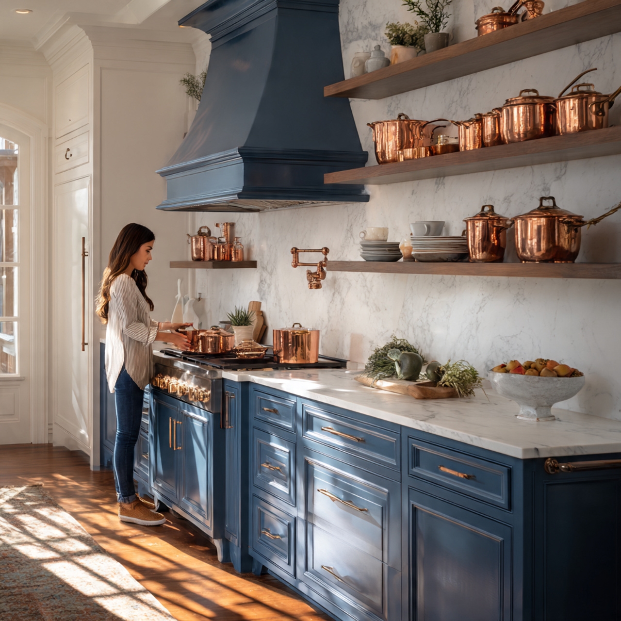 elegant kitchen featuring blue cabinets with copper 1