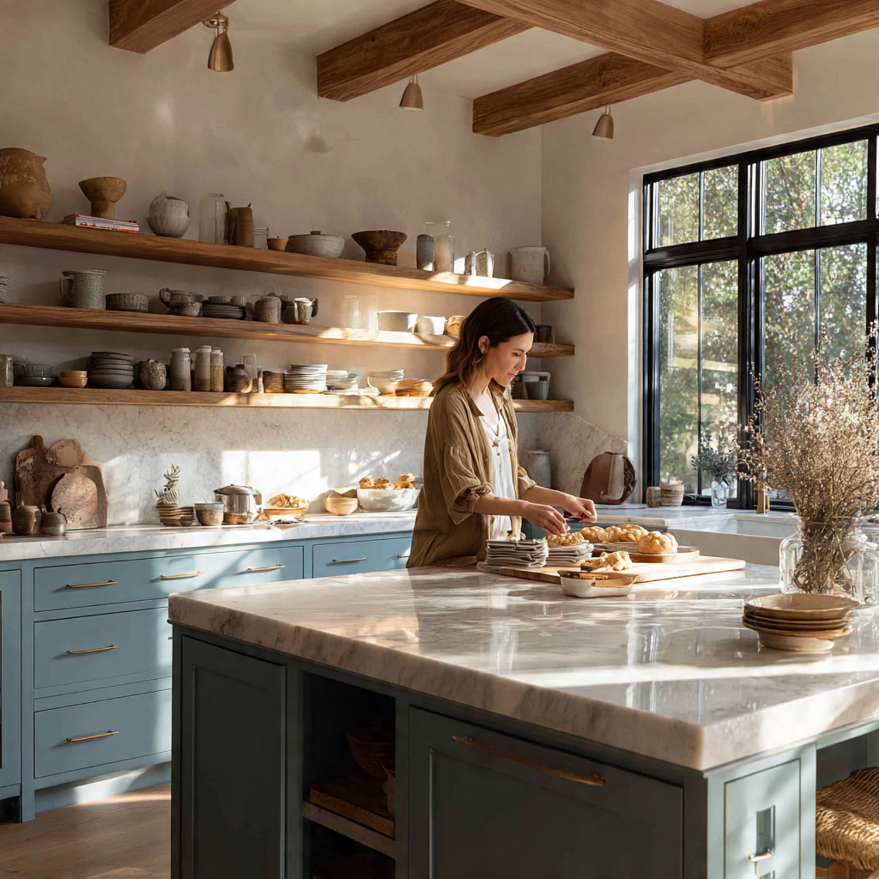 elegant kitchen with slate blue cabinets paired 1