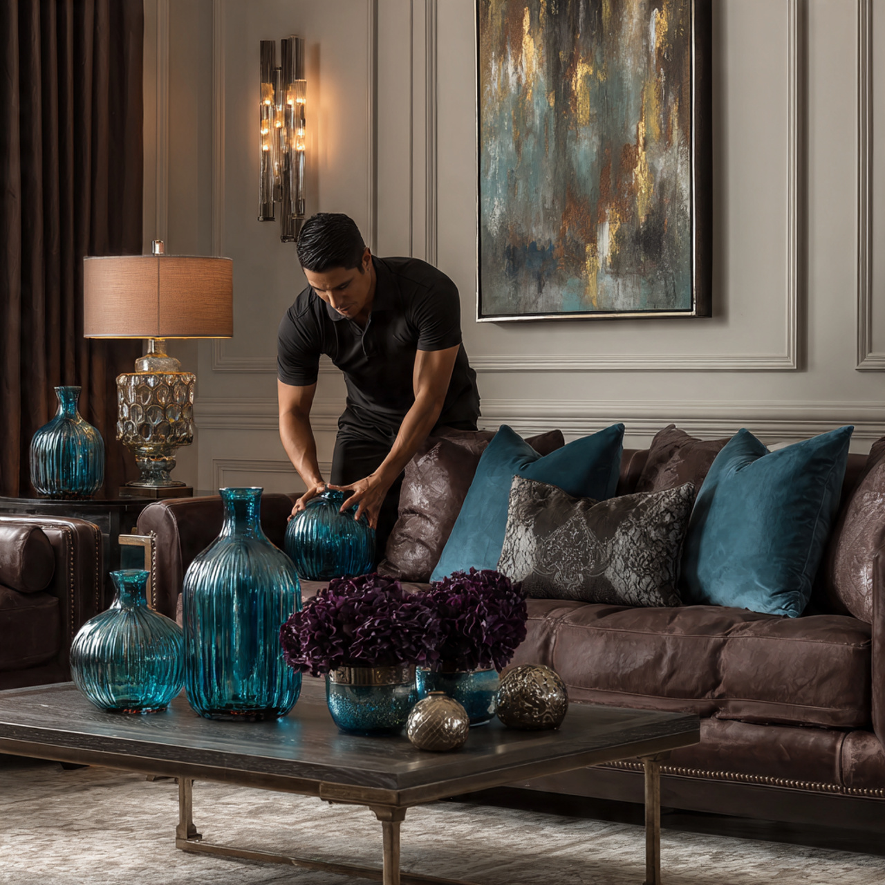 elegant living room featuring a brown couch 1 1