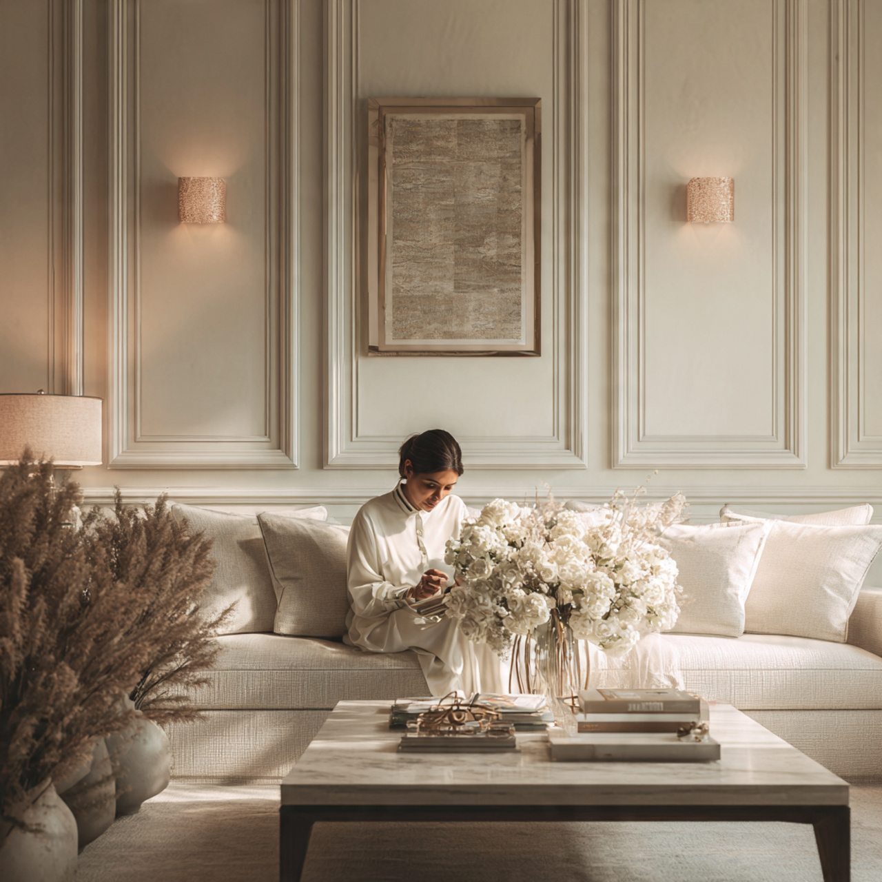 elegant living room featuring wainscoting with recessed