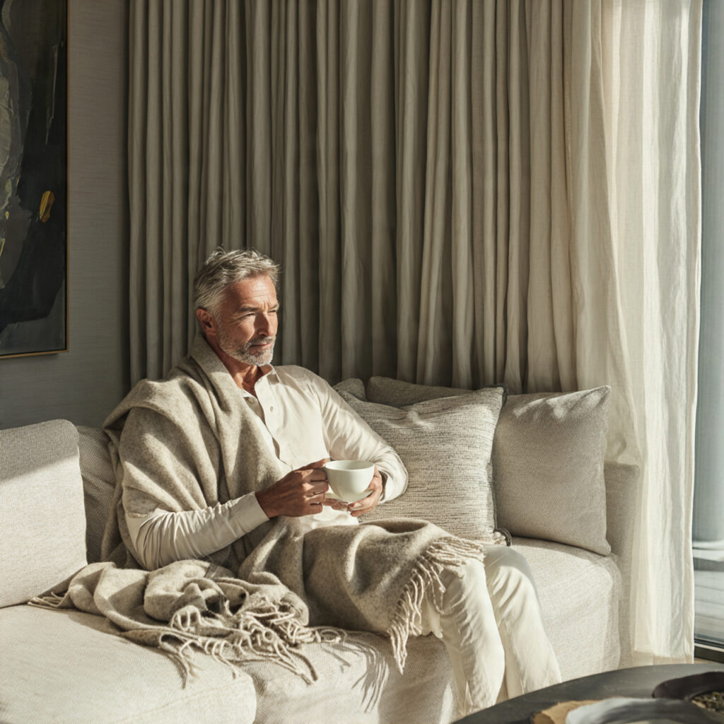 elegant living room with a neutral colored sofa