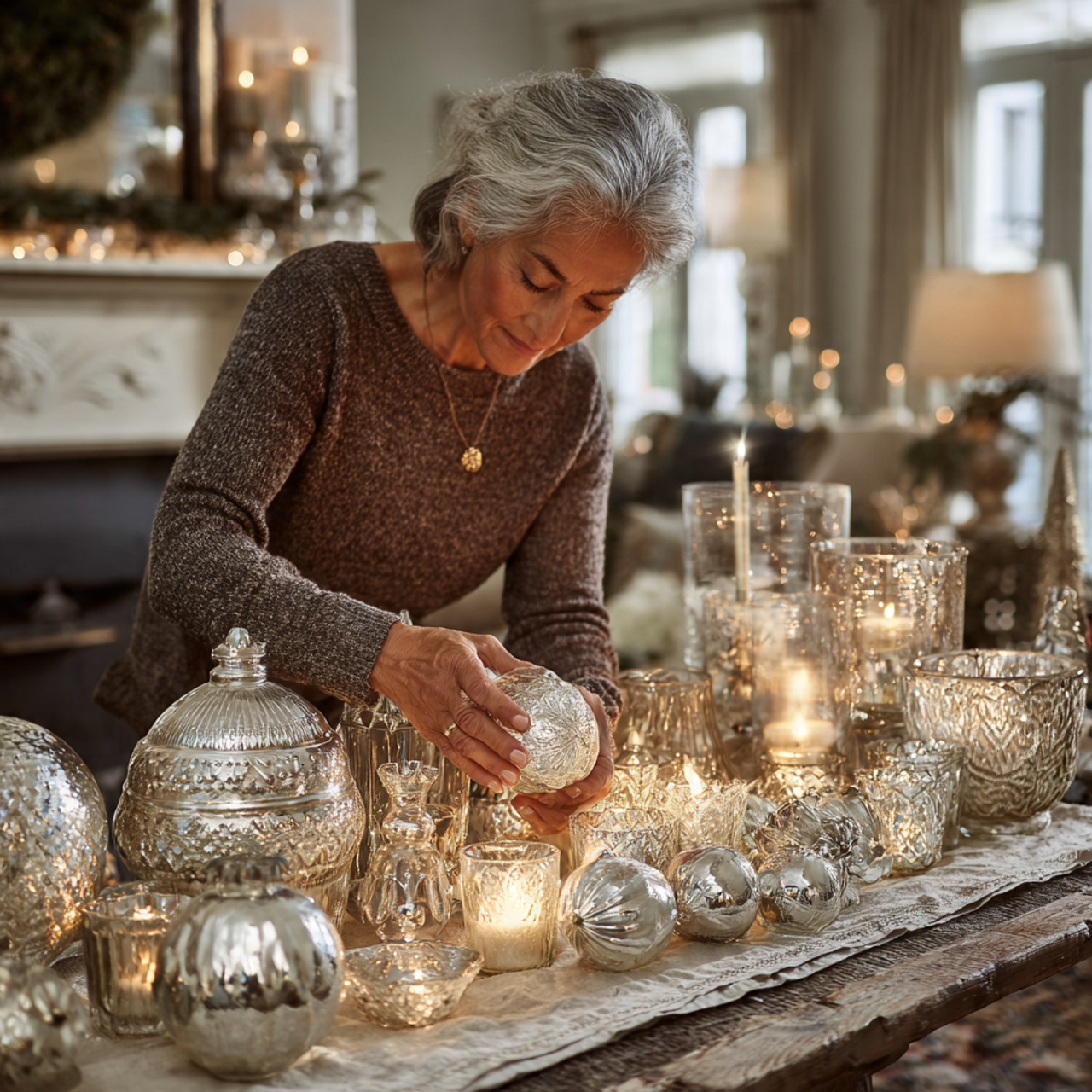 elegant mantle display featuring vintage mercury glass