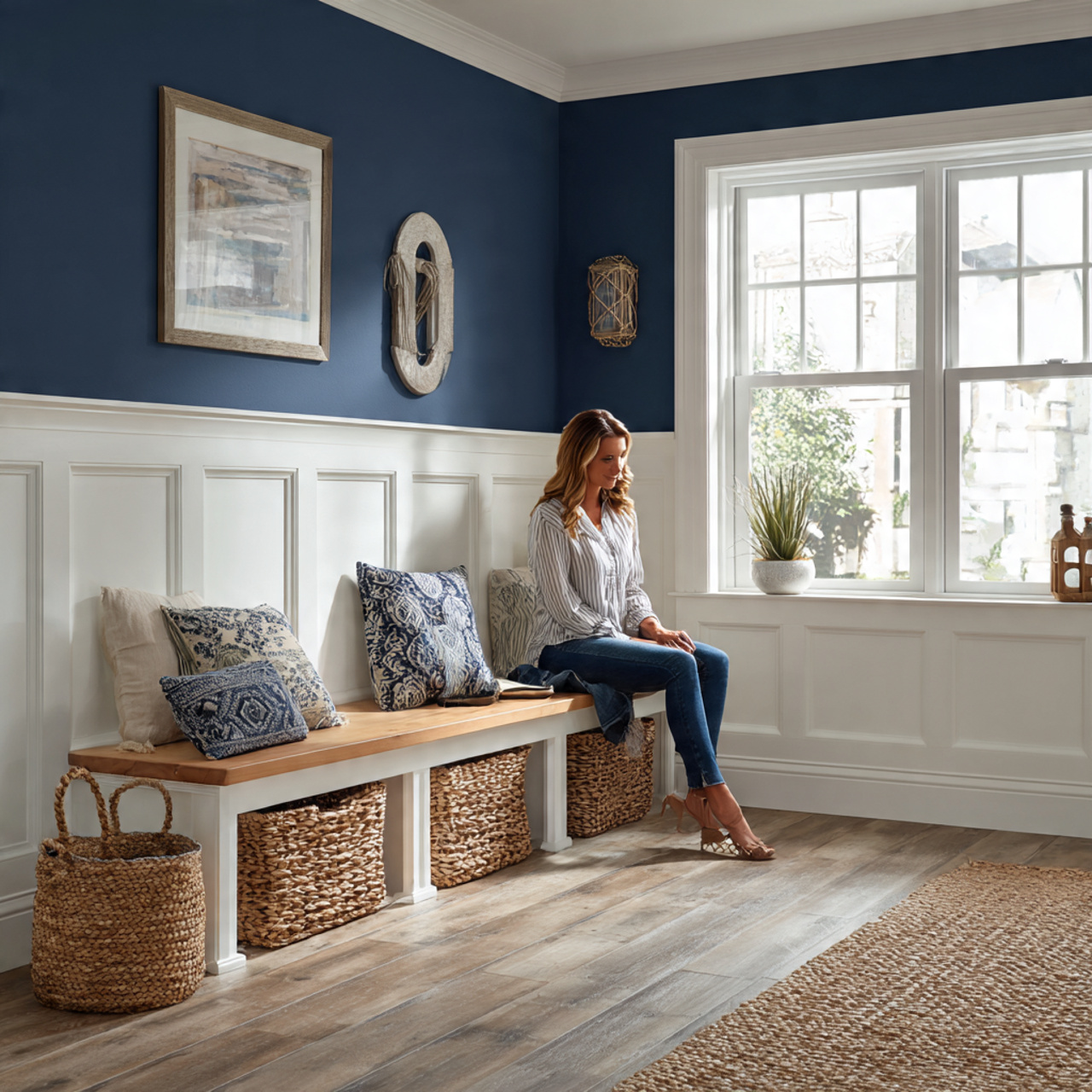 elegant mudroom featuring crisp white wainscoting up