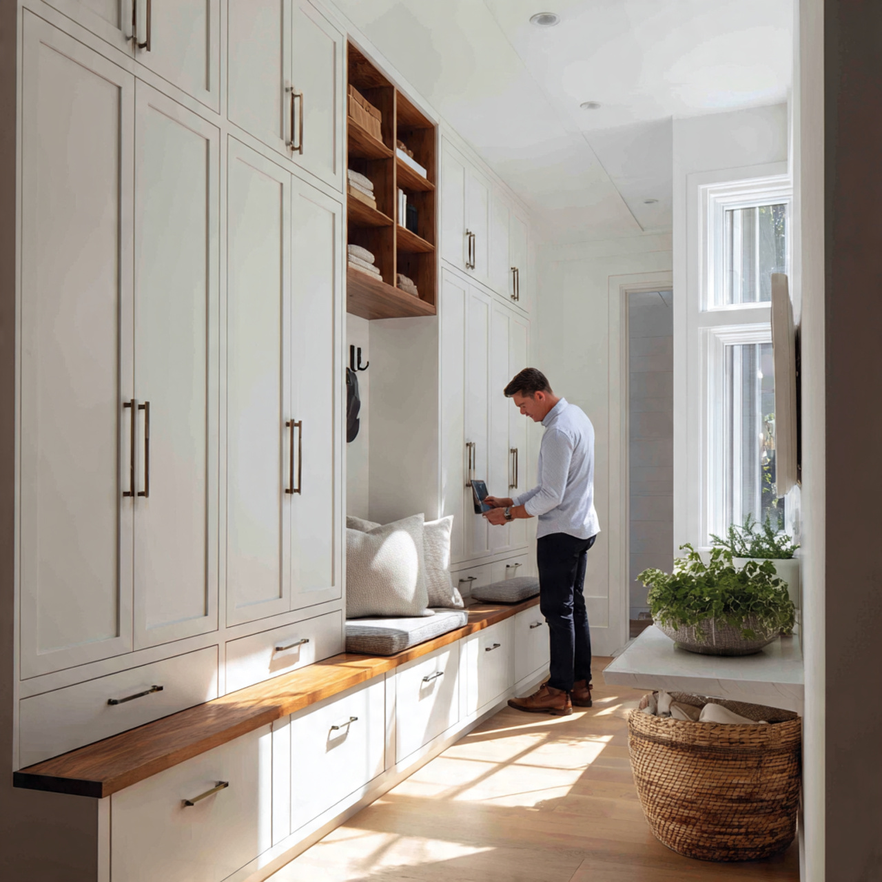 elegant mudroom with floor to ceiling custom built in cabinets