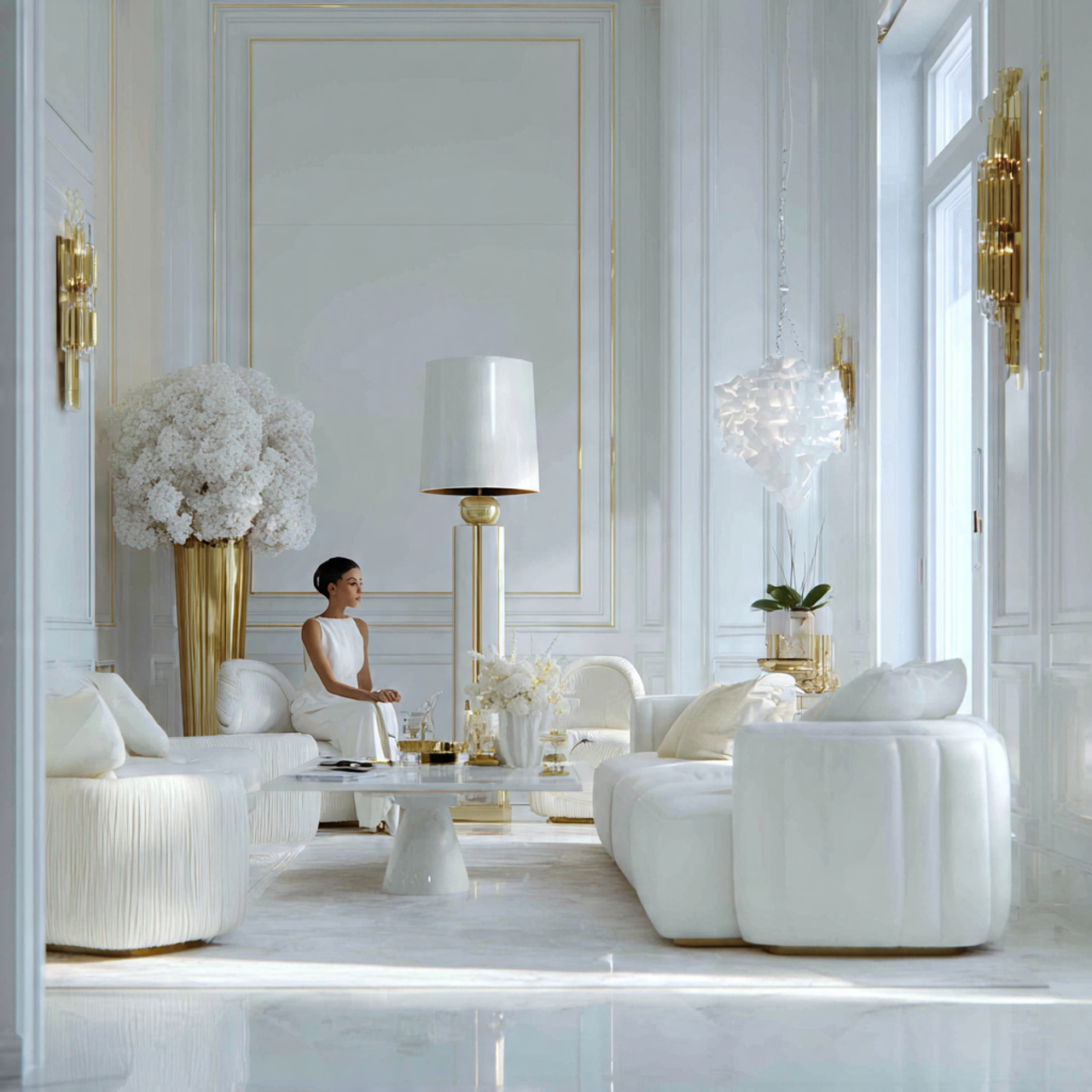 elegant white living room with white walls