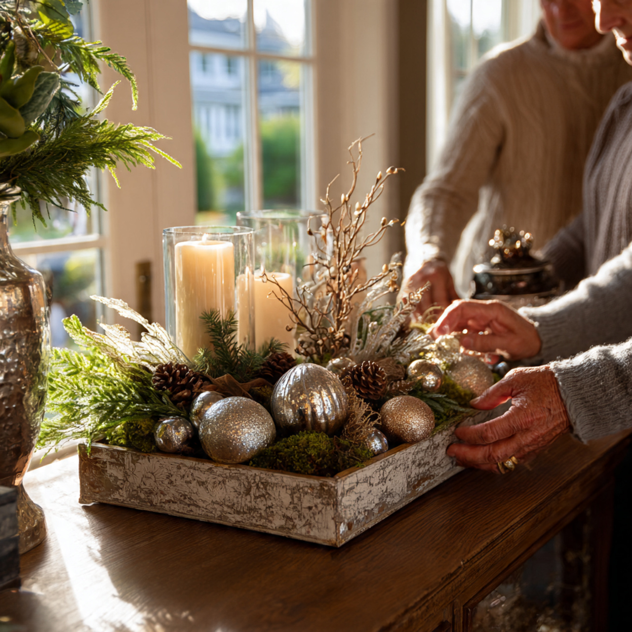 entryway table beautifully decorated with christmas decorations