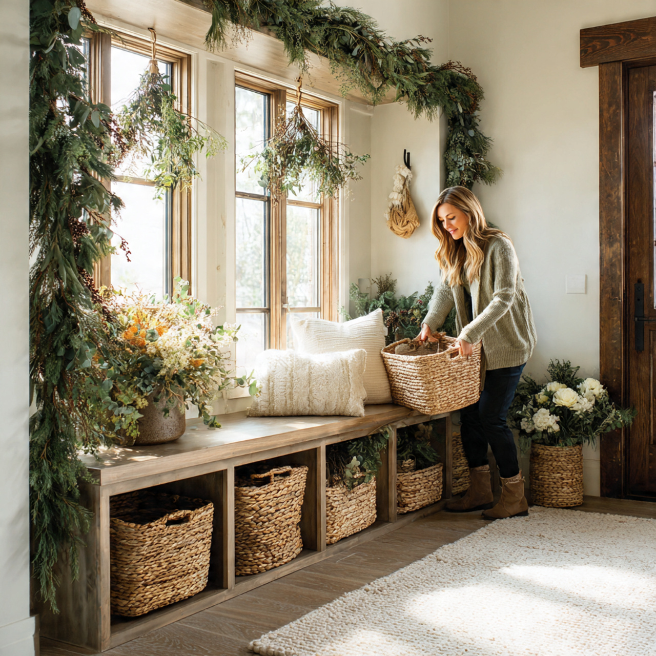festive mudroom featuring seasonal garlands draped across