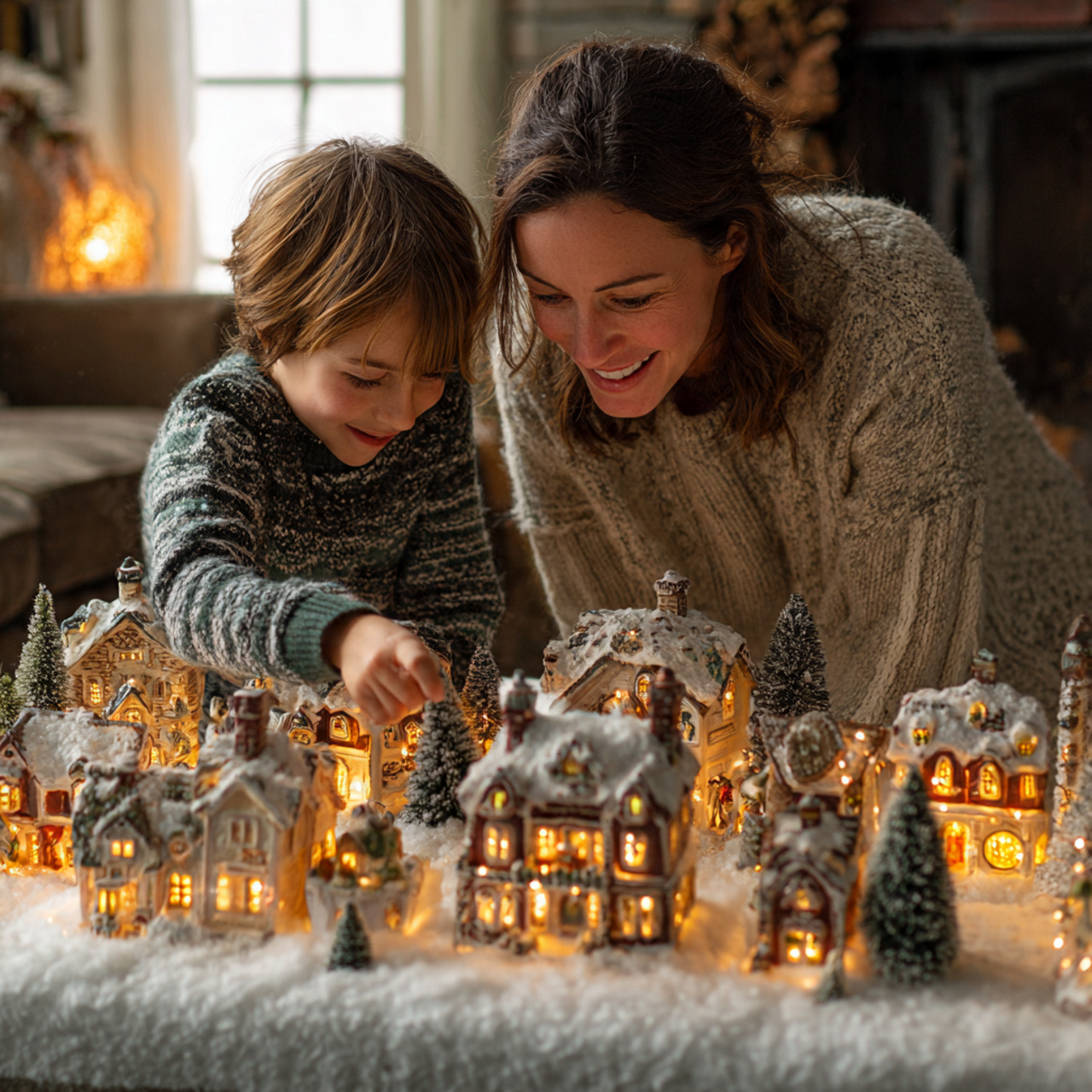 fireplace mantle featuring a miniature holiday village
