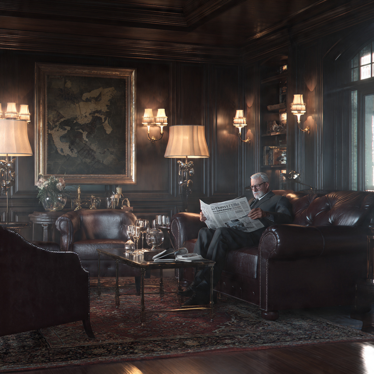 formal living room with dark wood stained wainscoting
