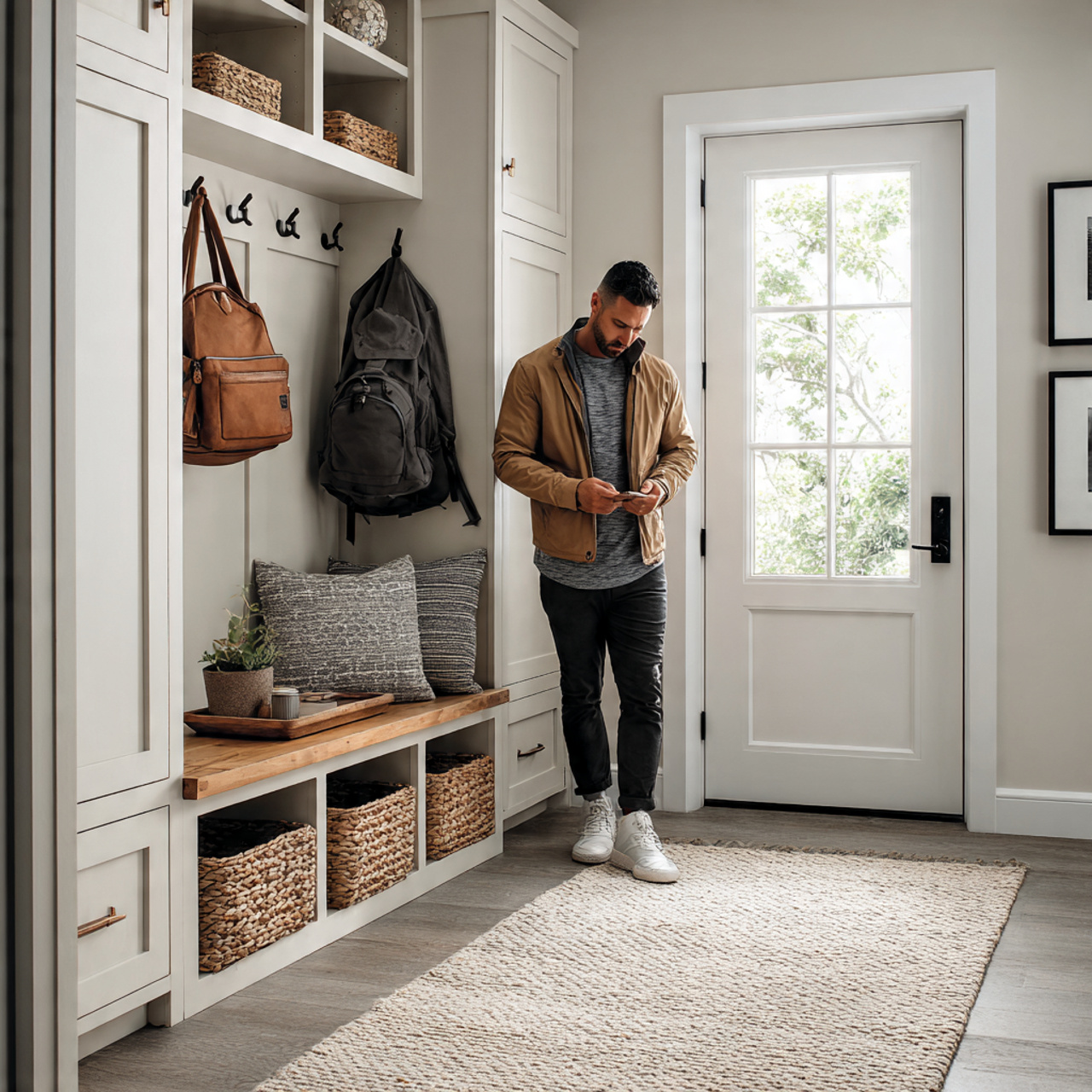 functional mudroom with a designated drop zone