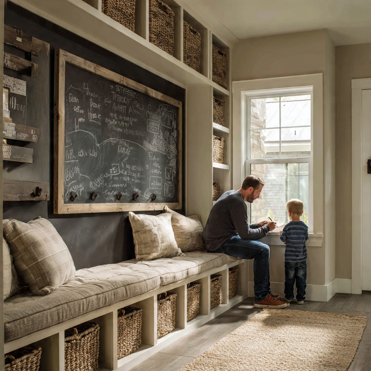 functional mudroom with a large framed chalkboard