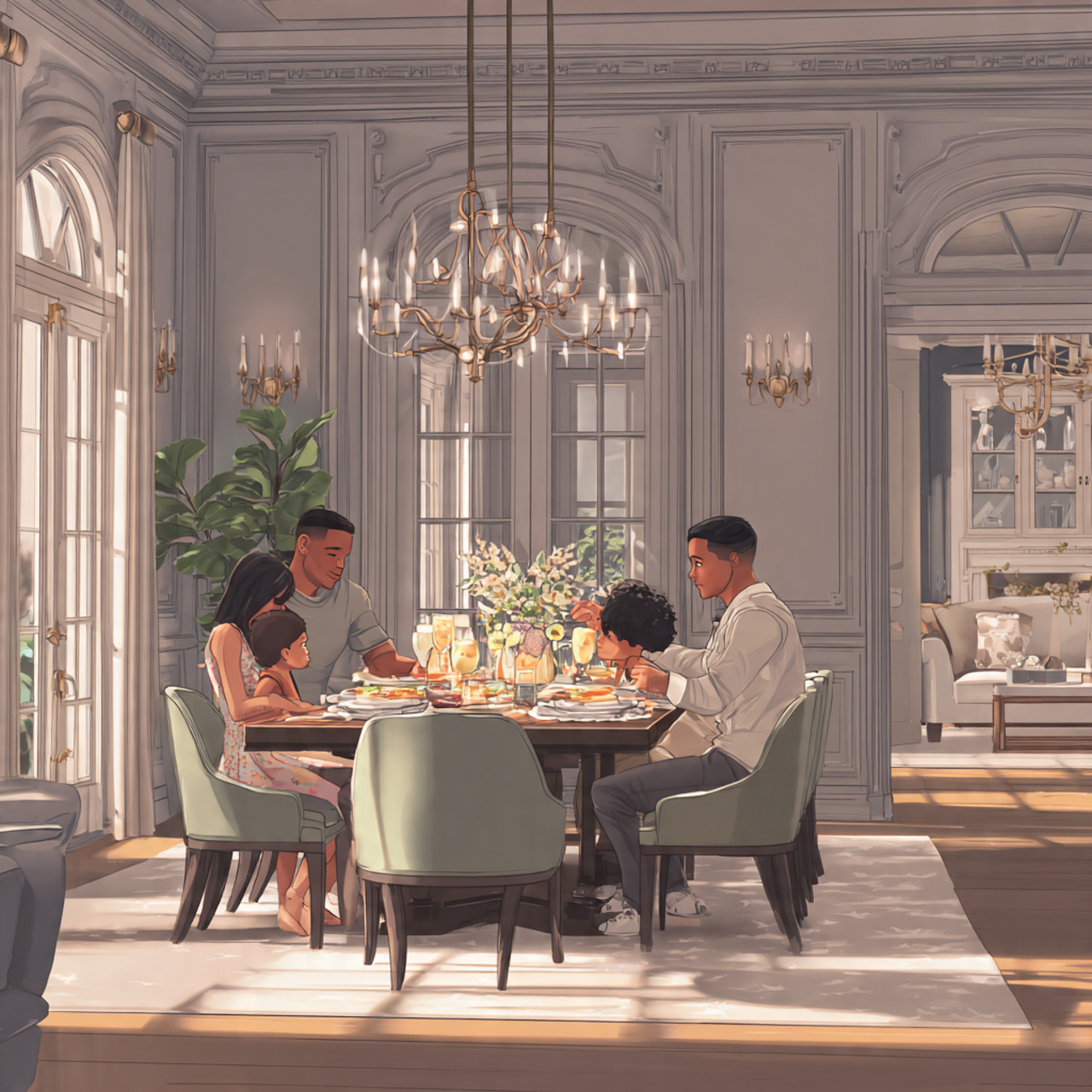 grand dining room with oversized picture frame