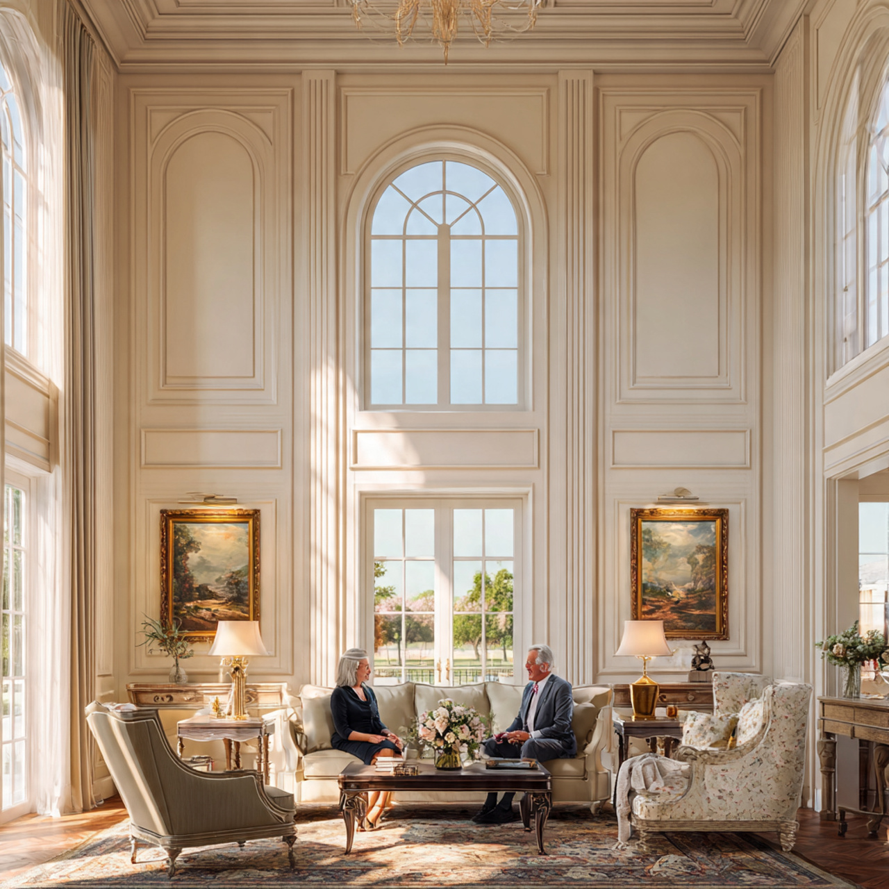 grand living room with high ceilings featuring