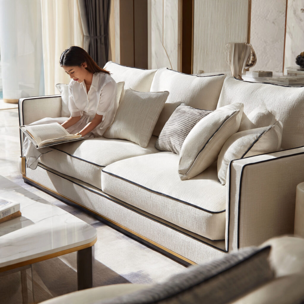 high end living room featuring a sofa with