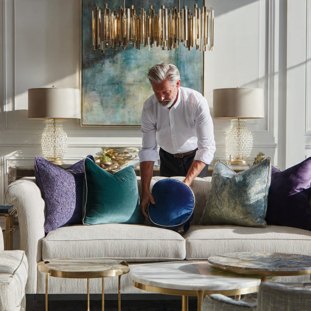 high end living room showcasing a neutral sofa