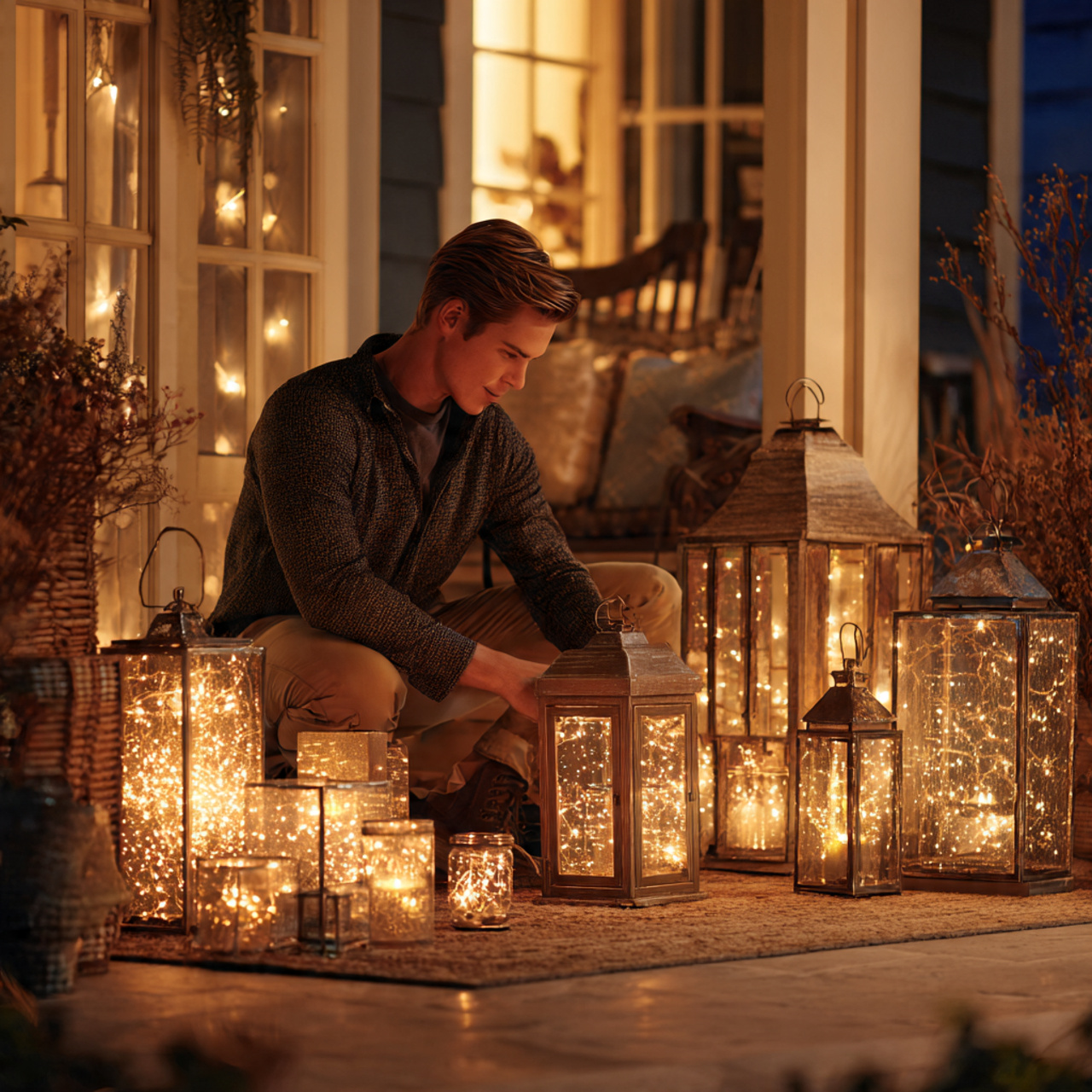 indoor and outdoor scene with clusters of