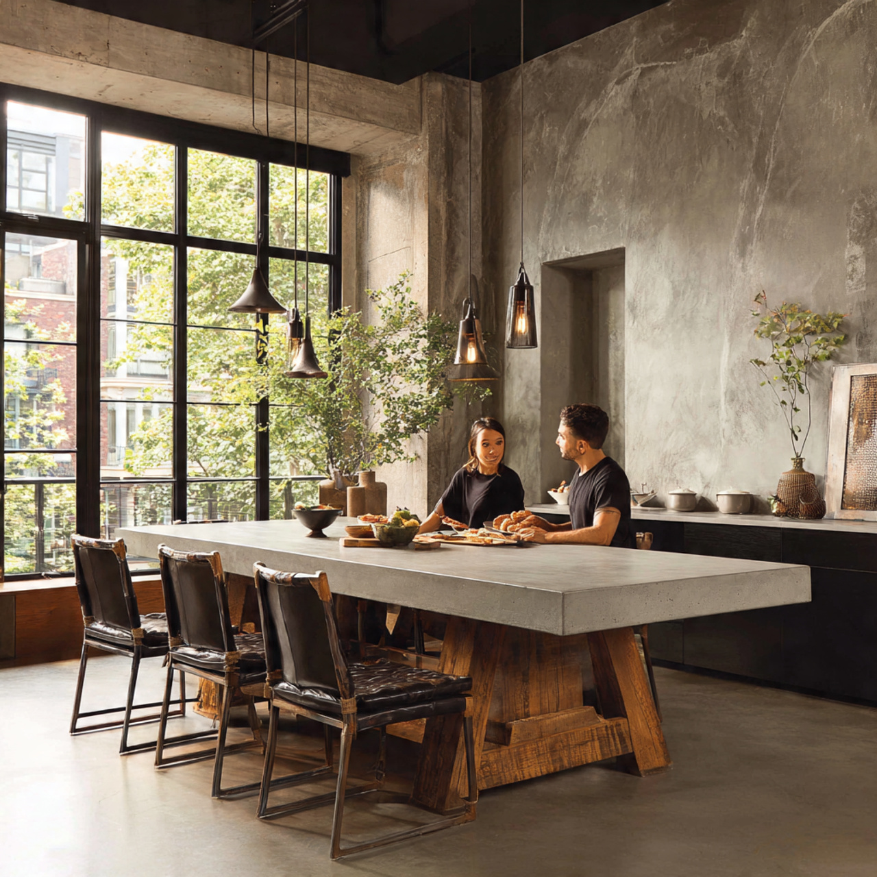 industrial chic dining room featuring a concrete finish table