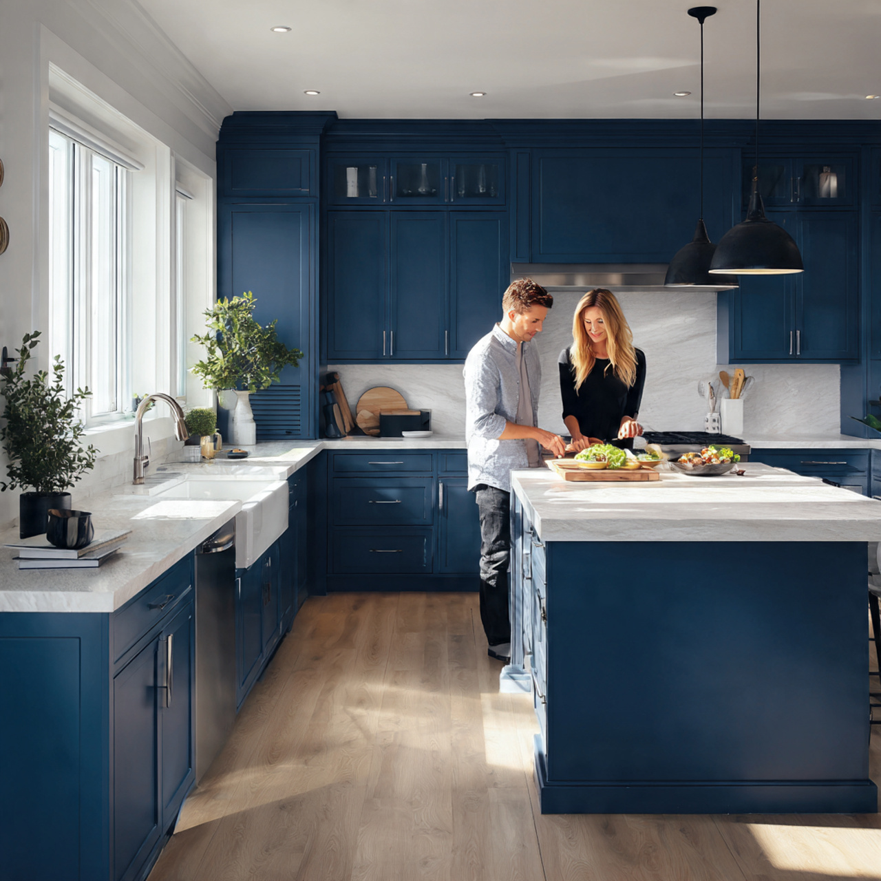kitchen featuring deep blue cabinets with a 1