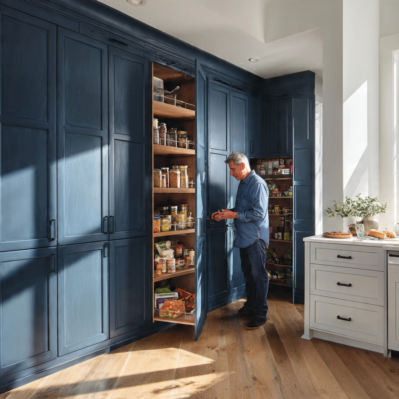 kitchen with a deep blue pantry cabinet 1