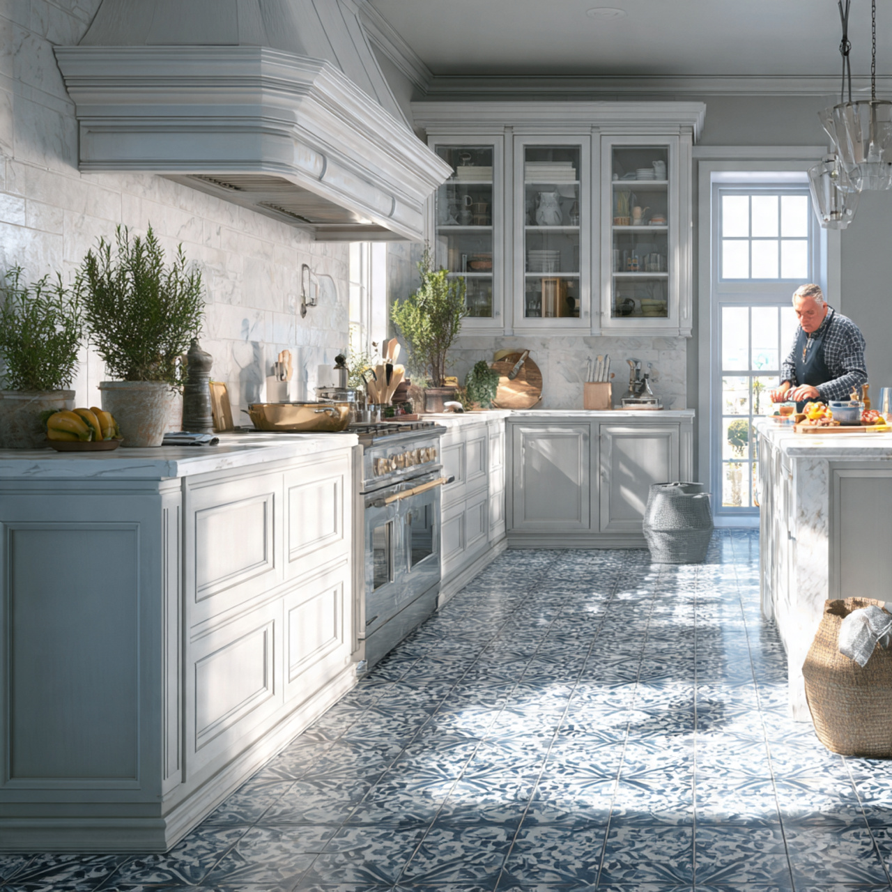 kitchen with rich marine blue patterned tile 1