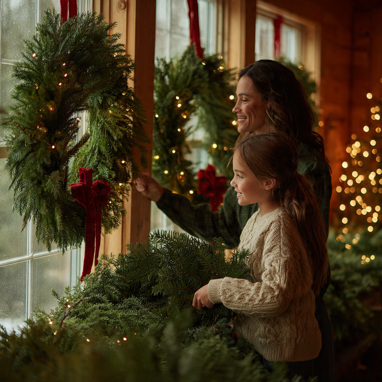 large fresh evergreen wreaths hanging in each