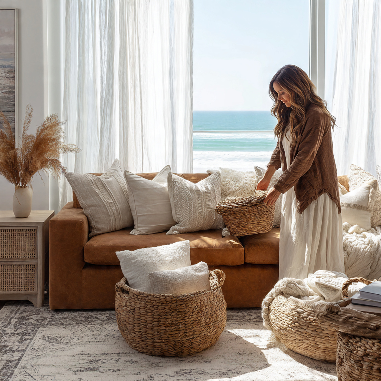 light filled living room with a brown couch 1