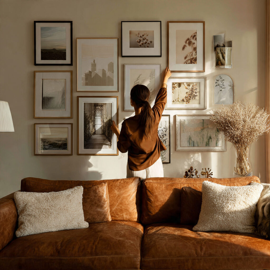 living room featuring a brown couch with 3