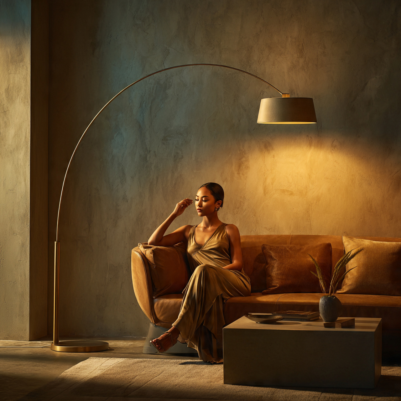 living room with brown couch illuminated by