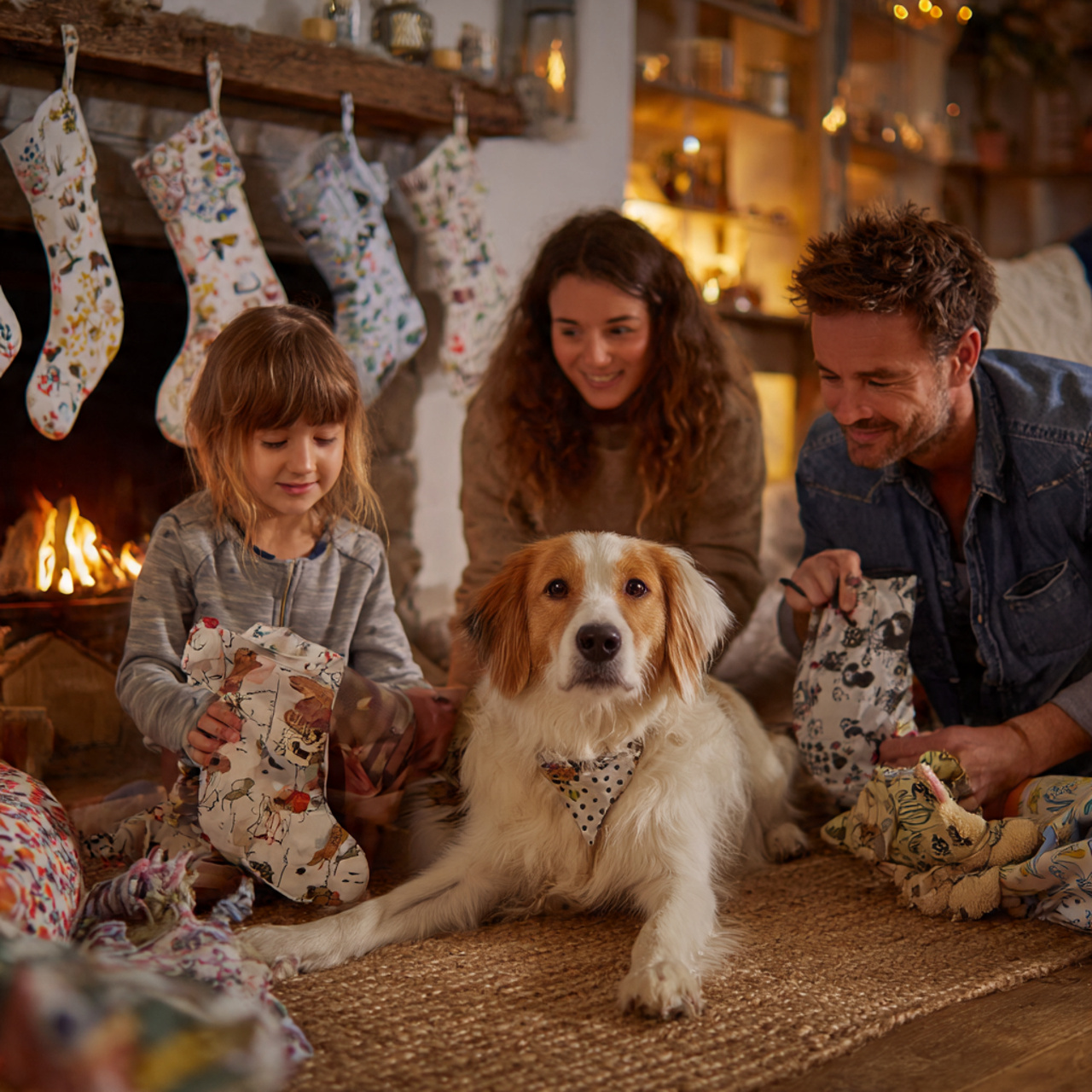 living room with personalized pet themed stockings hung