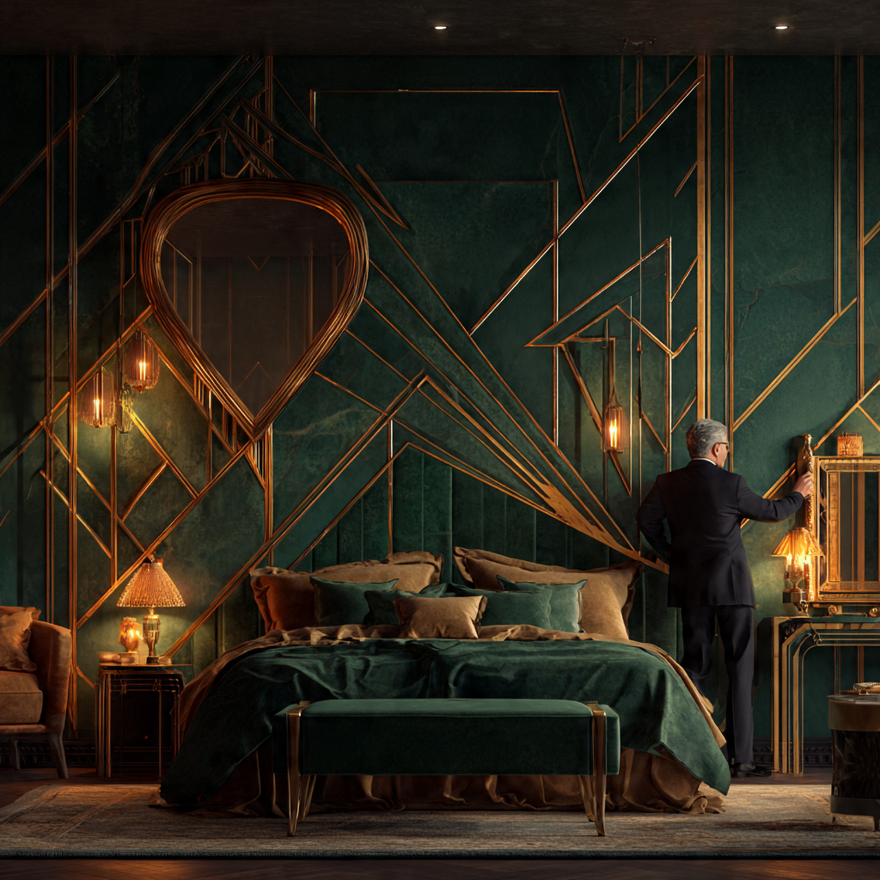 luxurious art deco bedroom with emerald green 1