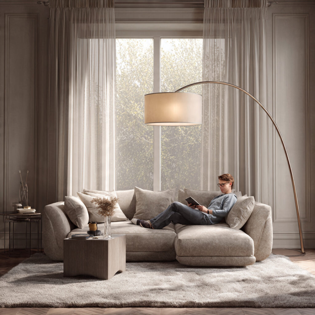 luxury living room with a neutral sofa