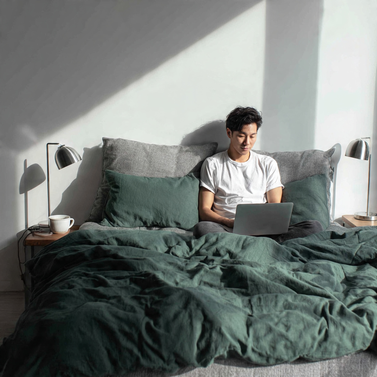 minimalist bedroom with neutral walls and simple