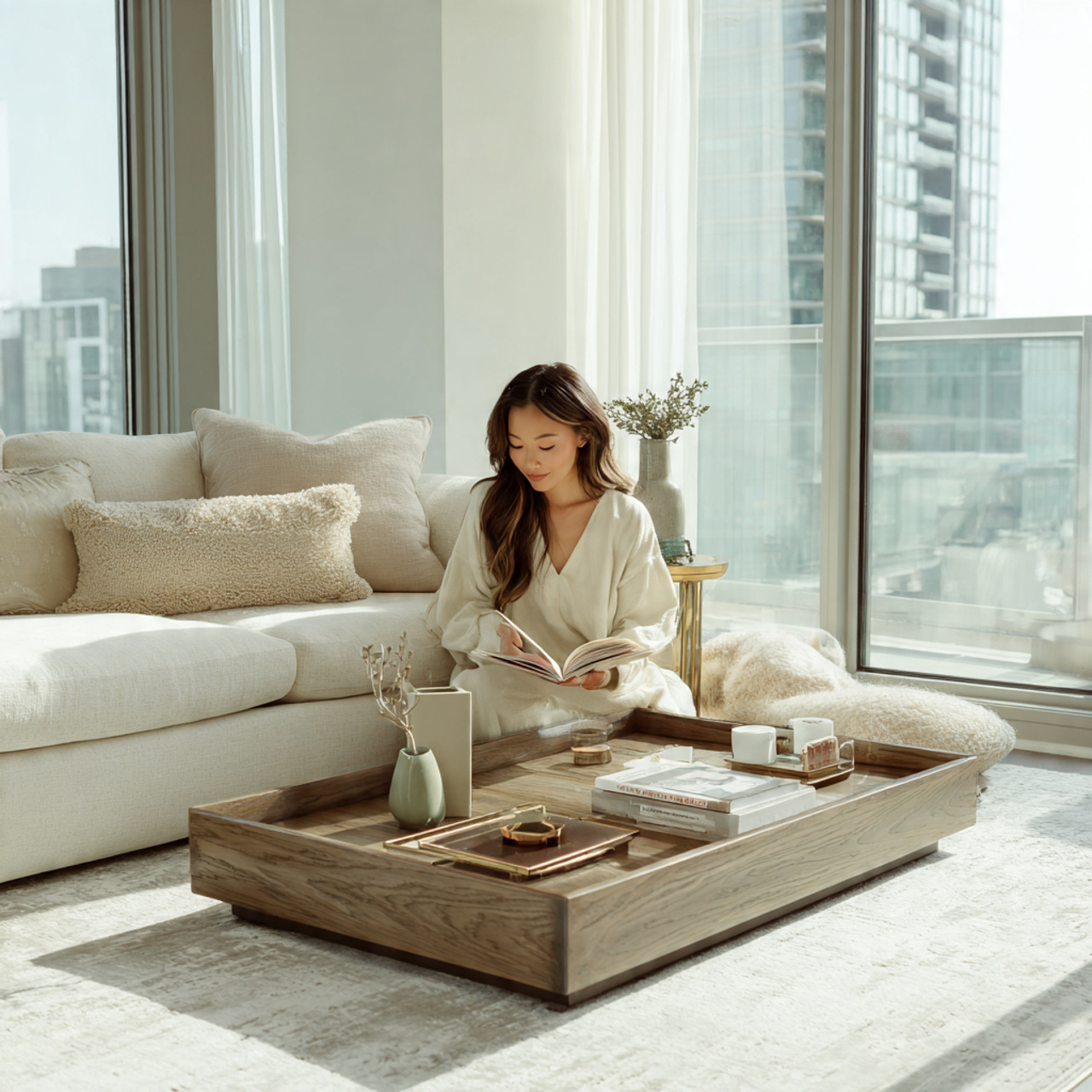 minimalist modern living room featuring a coffee