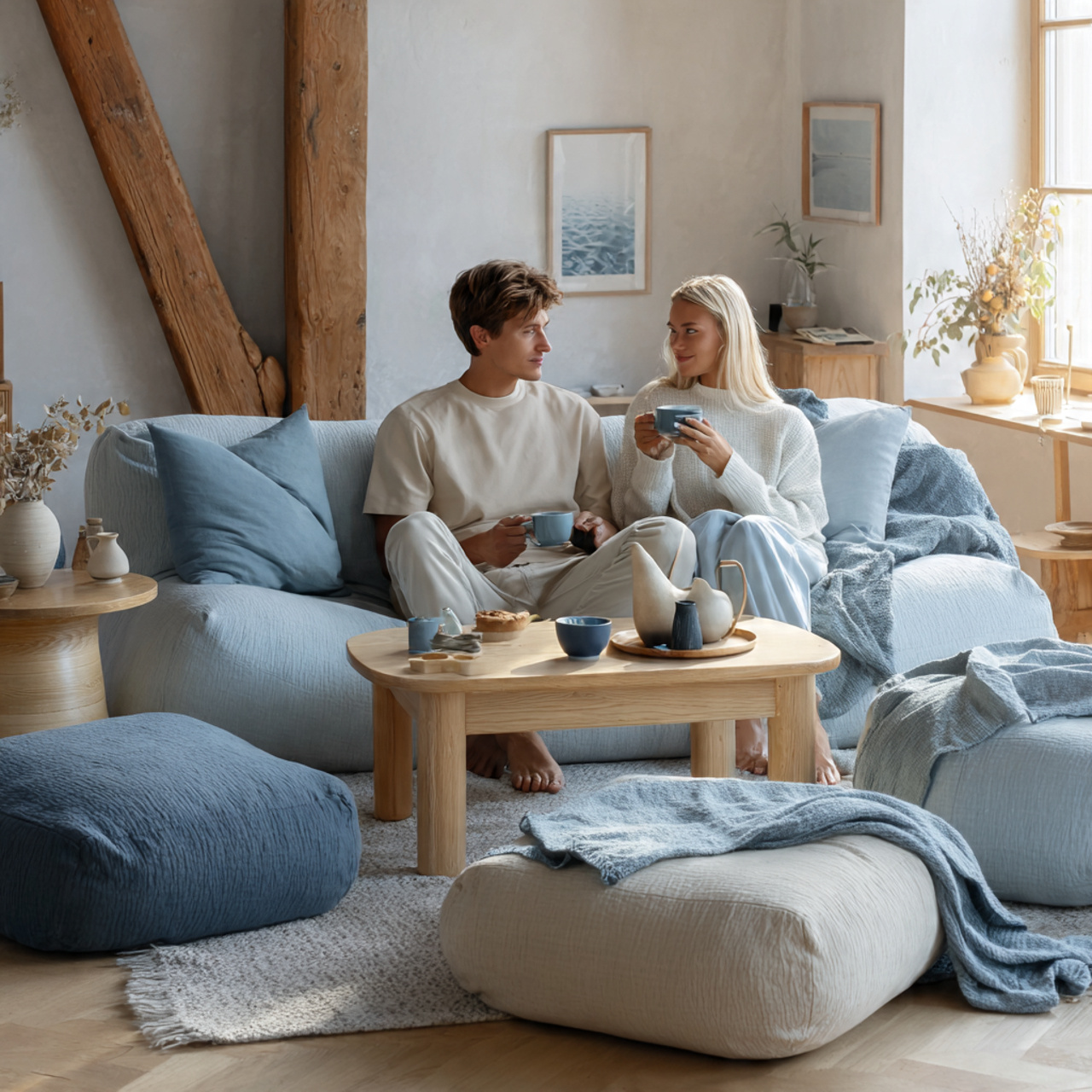 minimalist scandinavian style living room showcasing blue living
