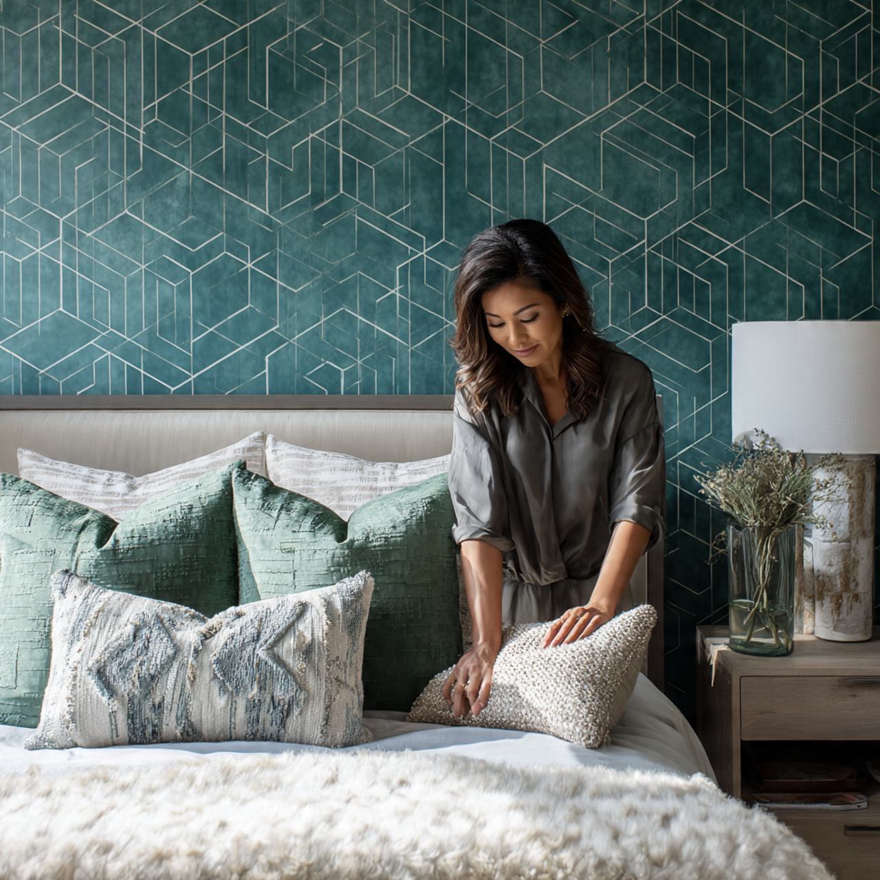 modern bedroom featuring emerald green geometric wallpaper